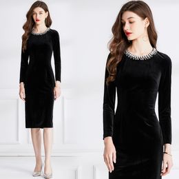 French Designer Party Velvet Skinny Dress Woman Sexy Slim Vacation Black Beaded Wrap Hip Split Prom Dress Long Sleeved Spring Fall O-Neck Elegant Fit Ballgown Frocks