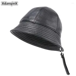 Berets XdanqinX Elegant Fashion Women Caps Genuine Leather Hat Sheepskin Bucket Hats Novelty Women's Trendy Brands Cap