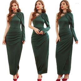 Casual Dresses 2023 Luxury Sexy Women Club Praty Long Dress Elegant Off Shouder One Sleeve Asymmetry Handmade Rhinestone Bodycon Pleated