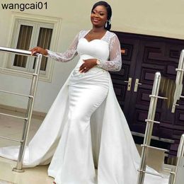 Party Dresses White Lace Long Seve 2022 African Mermaid Wedding Dress For Women Robe De Mariee Egant Satin With Roveab Train Charming 0408H23
