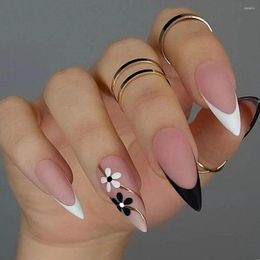 False Nails 24pcs Nail Tips Fake Nials DIY Flower French Long Almond Black White Edge