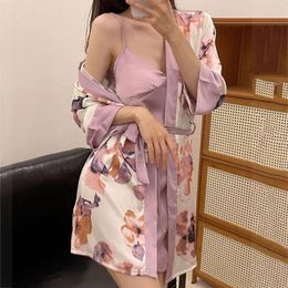 Women's Sleepwear Women Kimono Bathrobe Gown Print Flower Twinset Robe Set Sexy Suspender Nightgown Spring Summer Loose Satin Home Dress