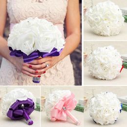 Decorative Flowers & Wreaths Holding PE Artificial Rose Wedding Bouquet With Silk Satin Ribbon Champagne Bridesmaid Bridal Party Multi Colour