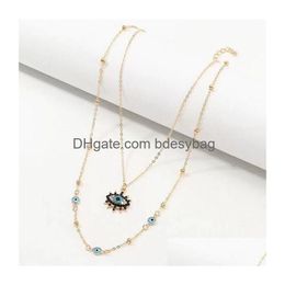 Pendant Necklaces Crystal Blue Evil Eye Pendent Necklace For Women 18K Gold Plated Double Layer Chain Lucky Charm Necklaces Jewellery Gi Dhmnc