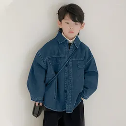 Jackets Boys' Plush Denim Shirt Jacket 2023 Children's Clothing Autumn And Winter Loose Long Sleeved Warm Top