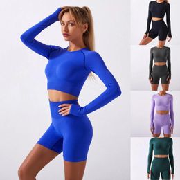 Women's Two Piece Pants Yoga Sport Set Clothes 2 Wicking Sports Suit Long Sleeve Abdominal Shorts Elastic Slim Top Short