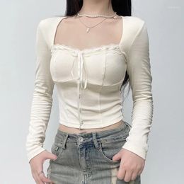 Women's T Shirts Sweet Lace Ribbons Tie-up Cropped Top Beige Colour Gentle Mature Slim Long Sleeve T-shirts Buttons Cute Knitted Tops Y2K