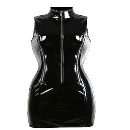 Top Quality Gothic Punk High Collar Sleeveless Catsuit Bodycon Women's Black PVC Mini Dress Shiny Zip Up Wet Look Vestido Nig246Y