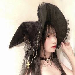 Halloween Toys Japan Lolita Witch Hat Gothic Magic Halloween Costume Accessories Props Vintage black Lace Big Bow Cosplay Party Wizard hat 231019