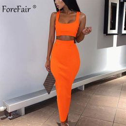 Forefair Two Piece Women Summer Set Neon Pink Green Orange Off Shoulder 2 PCS Party Club Ribbed Knitted Sexy Midi Dress MX200518252N