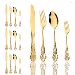 Dinnerware Sets Vintage Western Mirror Tableware Set 16Pcs Dinner Knife Tea Fork Spoon Cutlery Gold Luxury Engraving Kitchen Flatware