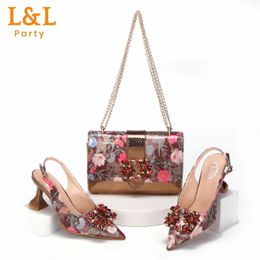 Dress Shoes High Quality Ladies Sandals Printing Flower Material with Rhinestone Italian Design Coffee Color Pointed Toe Shoes and Bags Set 231108