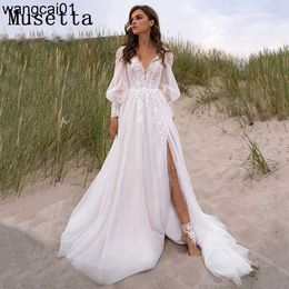 Abiti da festa Musetta Beach Abito da sposa Simp con scollo a V 2022 Puff Seves Spacco alto Backss Abito da sposa Applique in pizzo Tul Robe De Marie 0408H23