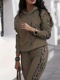 Women's Hoodies Striped Casual Two-piece Set Drawstring Hooded Drop Shoulder Tops & Long Length Loose Pants Clothing