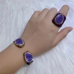 Necklace Earrings Set 2 In1 Natural Amethyst Crystal Snake Skin Leather Bangles Finger Rings Jewellery For Women CZ Rhinestone Quartz Cuff