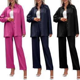 Women's Two Piece Pants Women Pleated Texture Blouse Trouser Suit Simple Button Top & Elastic Waist Pant Set Stylish Comfy Solid Colour