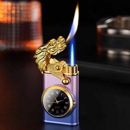 Lighters Double Fire Rocker Arm Watch Lighter Direct Blue Flame Open Cigarette Creative Three-Dimensional Relief