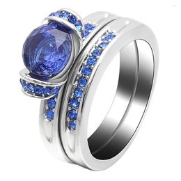 Wedding Rings Hainon Fashion Blue Green CZ Bridal Set For Woman Silver Colour Promise Finger Ring Lady Jewellery