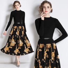 Casual Black Midi Dresss for Woman Designer Autumn Winter O-Neck Knitted Patchwork Print Slim Bow Lace Up Vacation Ruched Dresses 2023 Long Sleeve Party Runway Frocks