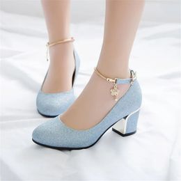 Dress Shoes PXELENA Women Wedding High Heel Shoes Silver Blue Spring Ankle Strap Crystal Shallow Chunky Block Heel Pumps Lady Plus Size 231108