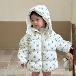 Down Coat Autumn Winter Children Floral Print Kid Boy Thicken Hooded Cardigan Long Sleeve Tops Girl Baby Cotton Solid Parkas