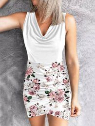 Casual Dresses Women Floral Ruched Cowl Neck Mini Bodycon Dress Summer Daily Party Club Sleeveless Tank Patchwork Sundress 2023