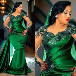 Dark Green Mermaid Evening Dresses Long Sleeves Elastic Satin Lace Tulle Appliqued Evening Gowns Sexy Ruched Lace Formal Dress Sequined Beaded Party