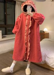 Women's Sleepwear Onalippa Wood Ear Hem Coral Velvet Pyjamas Thick Slouchy Style Hooded Back Bow Korean Single Breasted Long Nightgown