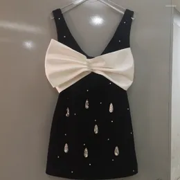 Casual Dresses Big Bow Vest Dress Female Diamond Black Sleeveless Short