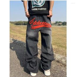 Men's Jeans American Letter Flocking Embroidery Straight Trousers Slim Fit Wide-leg Pants Vintage Washed Slouchy