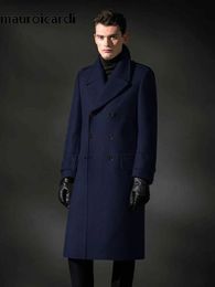 Men's Wool Blends Mauroicardi Autumn Winter Long Warm Smart Casual Navy Blue Black Woolen Coat Men Double Breasted Luxury Overcoat 231108