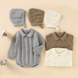 Rompers Baby autumn/winter lapel hollow knit sweater jumpsuit with long sleeves and hat two-piece baby winter coat 230408