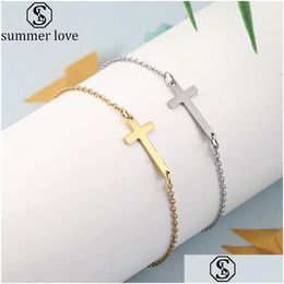 Chain Crucifix Jesus Christian Tal Sideways Cross Bracelets Gold Sier Colour Stainless Steel Bracelet For Women Men Charm Jew Dh1Ad