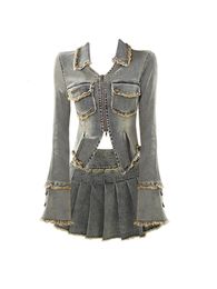 Women's Fur Faux Fall Women Korean Fashion Vintage Denim Rave Outfits 2 Piece Set Long Sleeve Jean Jacket Y2K Gyaru Mini Pleated Skirts 231108