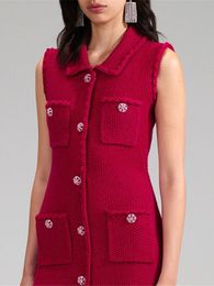 Casual Dresses Women's Red Wool Blended Dress Sleeveless Diamond Button Lapel Single Breast Women's Mini Robe Spring 230408