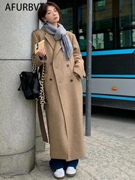 Women's Wool Blends Fashion Long Wool Coat Women Elegant Faux Wool Casual Belt Long Jacket Winter Office Lady Double Breasted Simple Outwear Camel 231108