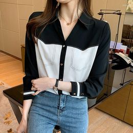 Women's Blouses Chiffon Tops Women Shirt Long Sleeve Vintage Black White Patchwork 2023 Summer Autumn Fashion Korean Button Up Casual Blouse