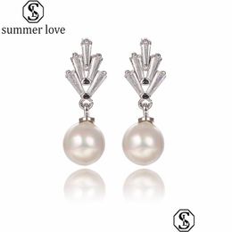 Stud New Brand Sier/Gold/Rose Gold Cubic Zircon Bridal Engagement Pearl Pendant Cz Earrings For Women Wedding Jewellery Giftz Dr Dhmup