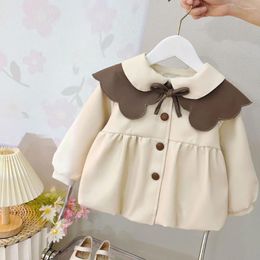 Jackets Peterpan Collar Baby Girls Kids Outfits Autumn PU Faux Leather Jacket Button Down Outerwear Coat Clothes Girl From 2 To 7 Years