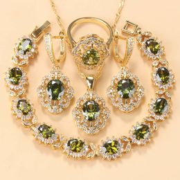 Earrings Necklace 10-Colors Cubic Zirconia Women Accessories Gold Plated Olive Green Zirconia Charm Bracelet And Ring Jewelry Sets 230408