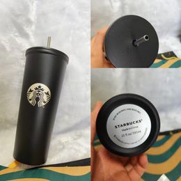 designer Black Straw Cup 591ml Double layer Stainless Steel Large Capacity Insulation Cup Classic Letter Water Cup Car Cup School Water Cup