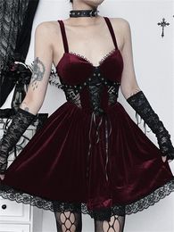 Casual Dresses 2023 Spaghetti Straps Sexy Gothic Velvet Party Dress Cosplay Halloween Bandage A Line Flare Y2k 90s Dark Red Black