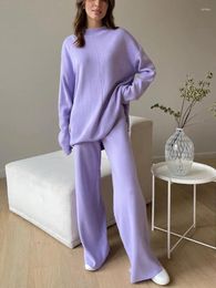 Women's Two Piece Pants Elegant Sets Knitted Sweater And Wide Leg Pant Suit Loose Casual Solid Green Blue Set For Women 2 Pieces
