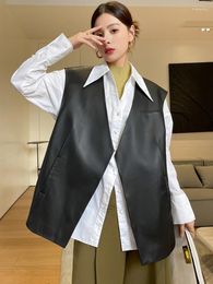 Women's Leather V-neck Sleeveless Vest Sheepskin Coat For Women Autumn 2023 Casual All-match Simple Black Genuine Jacket