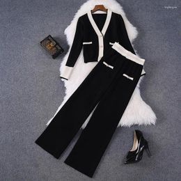 Women's Two Piece Pants Fashion Knitted Two-Piece Sets Simple V-Neck Single Breasted Cardigan Loose Wide Leg Pant Autumn Winter Ladies