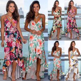 Summer Dress Woman Original Irregular Straps V-Neck Elegant Party Dresses Maxi Robe Floral Print Beach Vestidos Casual 210528257J