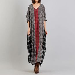 Casual Dresses Women Plaid Checked Maxi Long DressSpring Vintage V Neck Sleeve Sundress Loose Patchwork Vestido Kaftan Plus Size