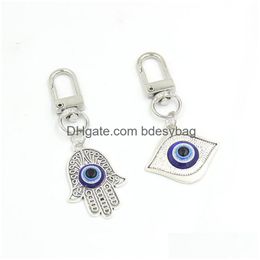 Key Rings Lucky Blue Evil Eye Keychain Hamsa Hand Key Rings Pl Zipper Charm Planner Charms Hangbag Purse Bag Keyrings Gifts Women Girl Dhudb