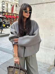 Women's Fur Faux Female Fashion Grey V Neck Open Stitch Coats Casual Loose Long Sleeve Cropped Jackets 2023 Autumn Women High Street Outerwear 231108