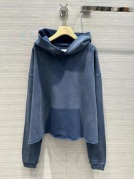 Women's Sweaters 2023 Autumn And Winter Shadow Pocket Wash Water Blue Pure Cotton Hoodie 1020